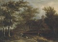 A wooded river landscape with a peasant on horseback, a shepherd with his flock and other peasants fishing outside a village - Pieter Jansz. van Asch