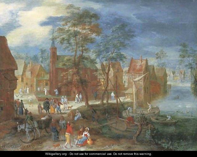 A village scene with peasants strolling by a river bank - Pieter Gysels