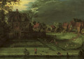 A town with figures working in bleaching fields in the foreground - Pieter Gysels