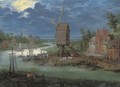 A river landscape with peasants by a landing-stage and a windmill - Pieter Gysels