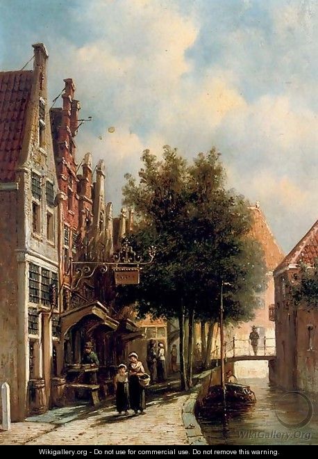 Shops along a sunlit canal - Pieter Gerard Vertin