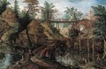 A wooded river landscape with fishermen by cottages, a wooden bridge beyond - Pieter Stevens