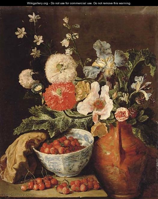 Wild strawberries in a blue and white porcelain bowl, carnations, irises, and other flowers in an earthenware jug on a stone ledge - Pieter Snyers