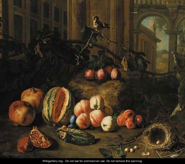 Plums on the branch, peaches, apricots, a melon, pomegranates, a nest with eggs and a goldfinch by classical buildings, a landscape beyond - Pieter Snyers