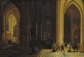 The interior of a Gothic cathedral at night with a procession in the foreground - Peeter, the Younger Neeffs