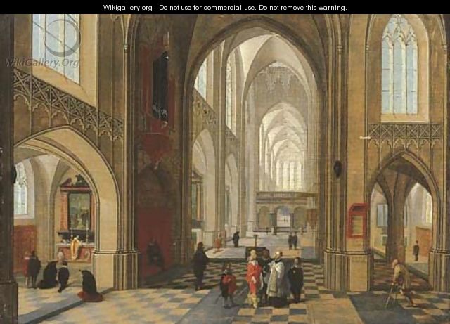 The interior of a cathedral with elegant company, a service in progress in a side chapel - Peeter, the Younger Neeffs