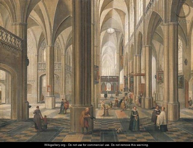 The interior of a cathedral with elegant company, a service in progress in a side altar - Peeter, the Elder Neeffs