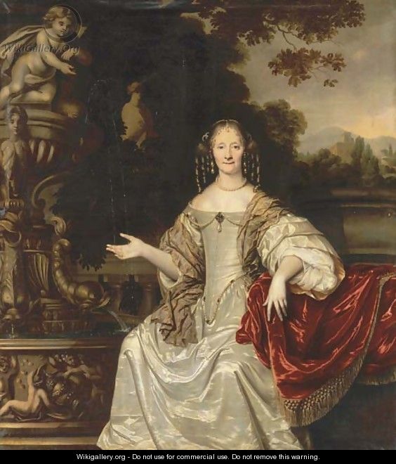 Portrait of Cornelia Reynst (1615-1708), seated, three-quarter-length, in a white silk dress with a gold-embroidered shawl and pearl earrings - Pieter Nason