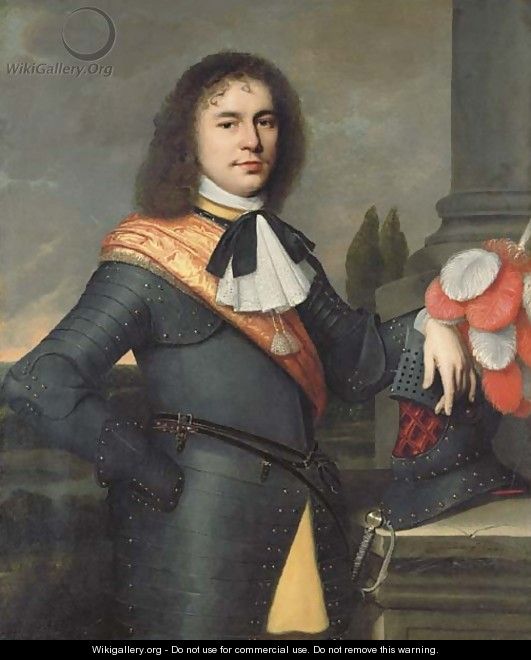 Portrait of a gentleman, three-quarter-length, in armour with an orange silk sash, resting his hand on his helmet, a landscape beyond - Pieter Nason