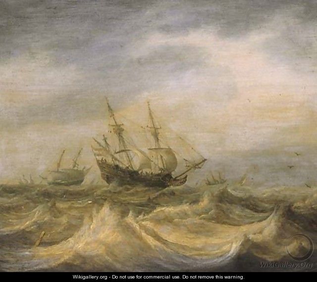 A threemaster and other shipping in choppy waters on a cloudy day - Pieter the Elder Mulier