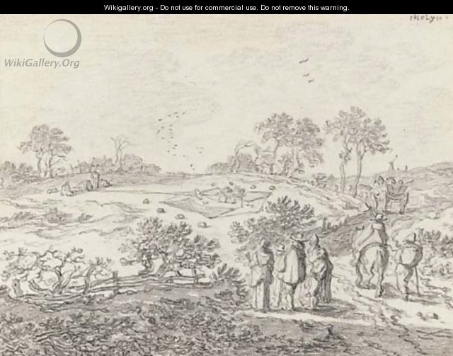 An extensive landscape with peasants watching a bird trap in the background - Pieter de Molyn