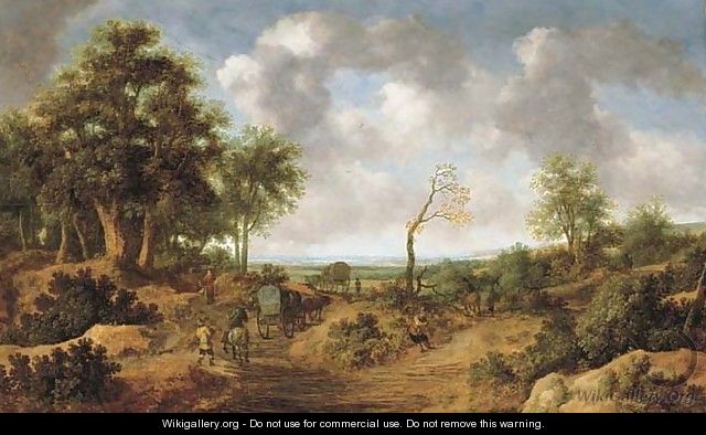 A wooded landscape with travellers in wagons on a path - Pieter de Molyn