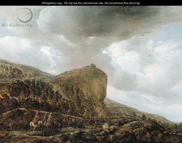 Travellers on a path by a cliff in a landscape - Pieter Molijn