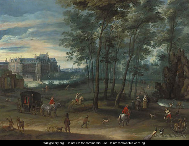 The park of the Viceregal Palace, Brussels, with elegant company by a fountain - Pieter Meulener