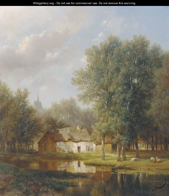 Sheep before a farmhouse in a wooded river landscape - Pieter Lodewijk Kuhnen