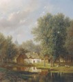 Sheep before a farmhouse in a wooded river landscape - Pieter Lodewijk Kuhnen
