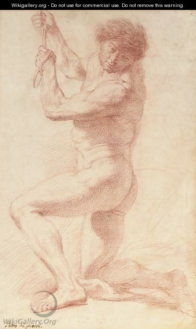 A kneeling man looking down to the left holding a rope - Pietro Antonio De Pietri