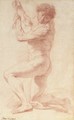A kneeling man looking down to the left holding a rope - Pietro Antonio De Pietri