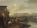 Travellers outside an Inn by a River, an extensive landscape with a bridge and a manor house beyond - Philips Wouwerman