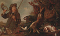A huntsman with dead game and a spaniel in a landscape with hounds coursing beyond - Pieter Van Noort