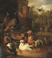 A rooster with hens, chicks, ducks, peacocks and pigeons - Pieter Van Mase