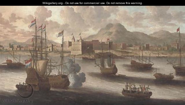 Dutch and English warships off a fortified Levantine port - Peter van den Velde