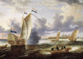 An Amsterdam State-yacht and other shipping on a river in a stiff breeze, a town in the distance - Peter van den Velde
