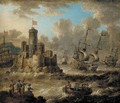 Dutch men-o'-war in choppy seas near an island fort - Petrus van der Velden