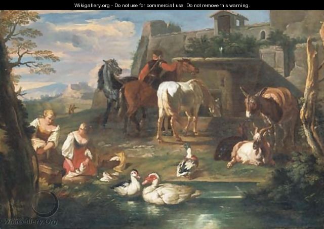 Washerwomen at a pond with ducks, goats and a donkey, a rider watering horses at a fountain and a landscape beyond - Pieter van Bloemen