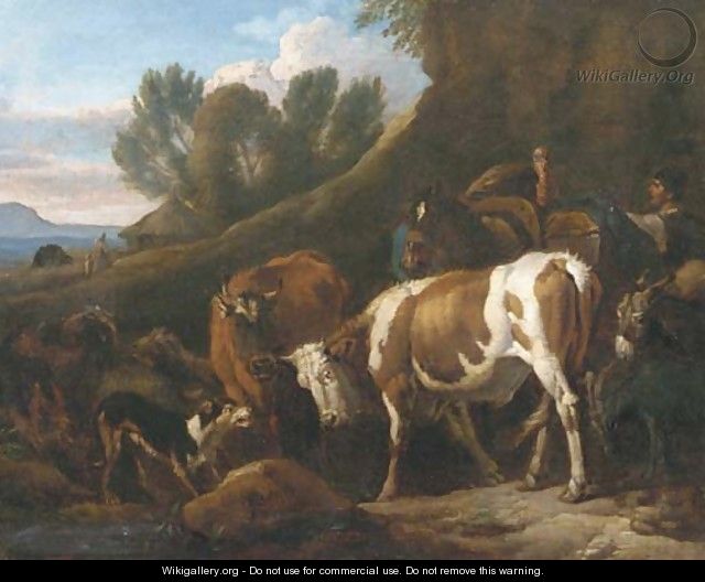 A peasant with cows, a mule, sheep, a donkey and a turkey in an Italianate landscape - Pieter van Bloemen