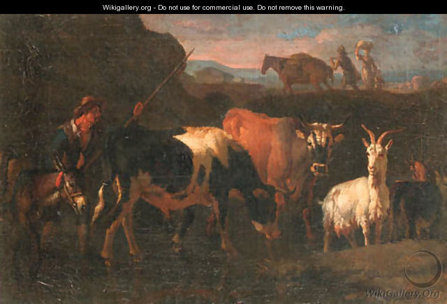 A cowherd with cattle, a goat and a donkey in an Italianate landscape - Pieter van Bloemen