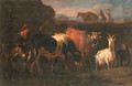 A cowherd with cattle, a goat and a donkey in an Italianate landscape - Pieter van Bloemen