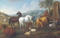 An extensive landscape with horses at a trough - Pieter van Bloemen