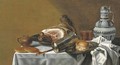 A ham and a bread roll on pewter plates - Pieter Van Berendrecht