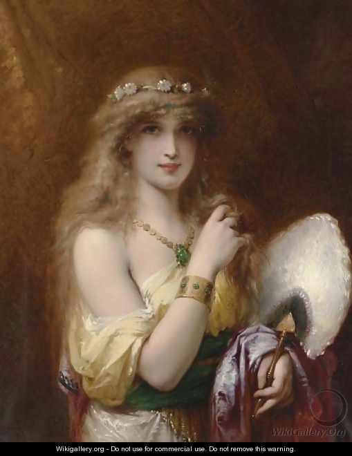 A Young Beauty holding a Fan - Pierre Oliver Joseph Coomans