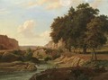 A shepherd and cattle crossing a bridge in an Italianate landscape - Pierre Louis Dubourcq