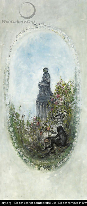 A monkey picking fruit before a classical statue - Pierre Laprade