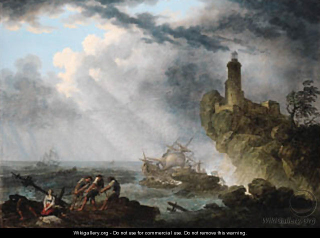 A shipwreck in stormy seas with survivors on a rocky outcrop, a lighthouse beyond - Pierre Joseph Wallaert