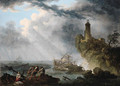 A shipwreck in stormy seas with survivors on a rocky outcrop, a lighthouse beyond - Pierre Joseph Wallaert