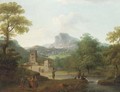A classical river landscape with figures on a path, a town beyond - Pierre Joseph Wallaert
