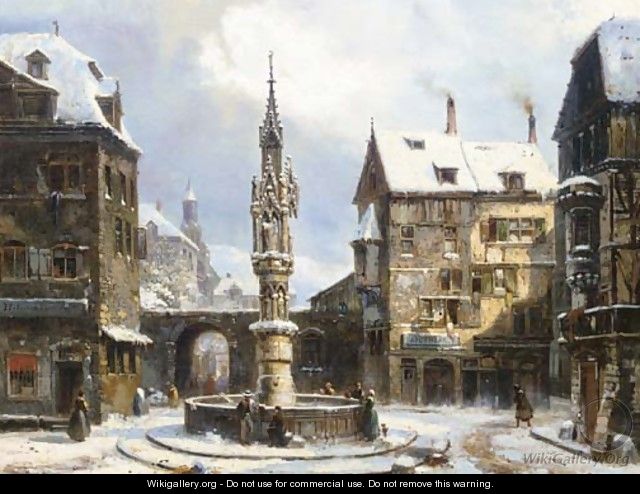 Winter a gothic fountain in a German town - Pierre-Henri-Theodore Tetar van Elven