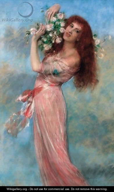 A young beauty holding a bouquet of roses - Pierre Carrier-Belleuse
