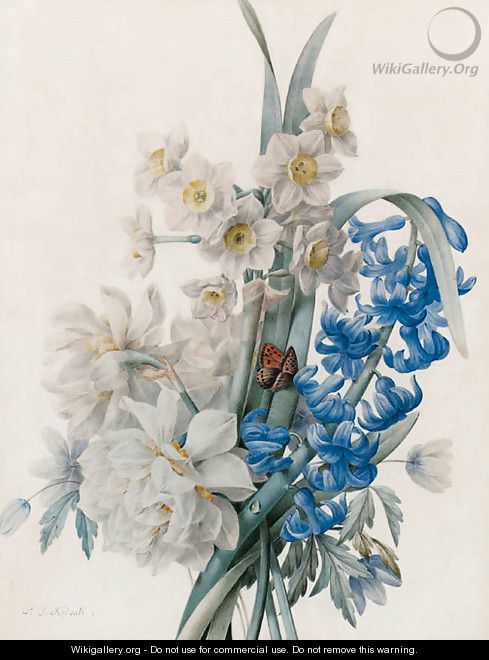 A Bunch of Flowers including Bluebells, Daffodils, and an Admiral Butterfly - Pierre-Joseph Redouté