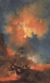 Vesuvius erupting at night seen from the foothills, with elegant onlookers, a view of the Bay of Naples beyond - Pierre-Jacques Volaire