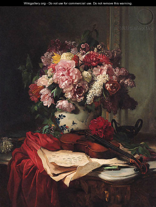 Roses, Peonies, Lilac and other Flowers in a ceramic Vase, behind a Violin and Music Score - Pierre Camille Gontier