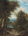 A wooded river landscape with travellers on a track - Pieter Bout