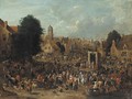 A town square with actors from the Commedia dell'Arte performing for villagers on market day - Pieter Bout