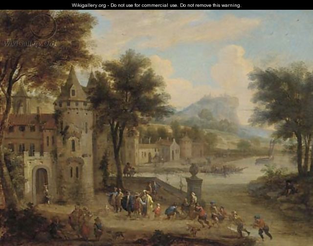A river landscape with a fortified town - Pieter Bout