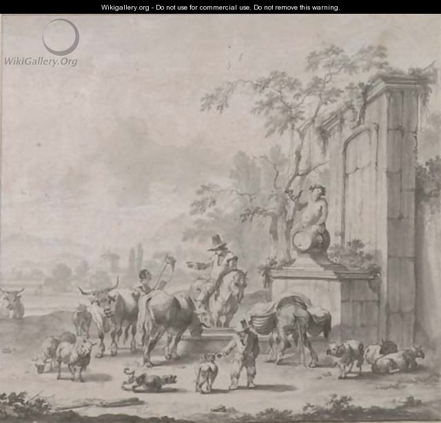 A landscape with herdsmen, sheep and cows around a fountain surmounted by a statue of Silenus - Pieter Bout