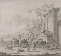 A landscape with herdsmen, sheep and cows around a fountain surmounted by a statue of Silenus - Pieter Bout